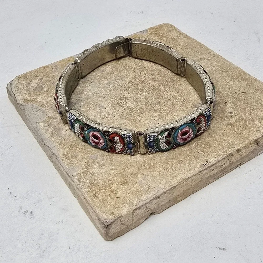 Vtg Italian micro mosaic link panel bracelet floral glass artsy tesserae tiles
